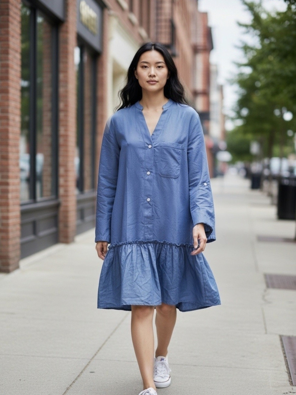 Cupshe Versatile Comfy Blue Long-Tab Sleeve Womens M Tiered Shirt Dress